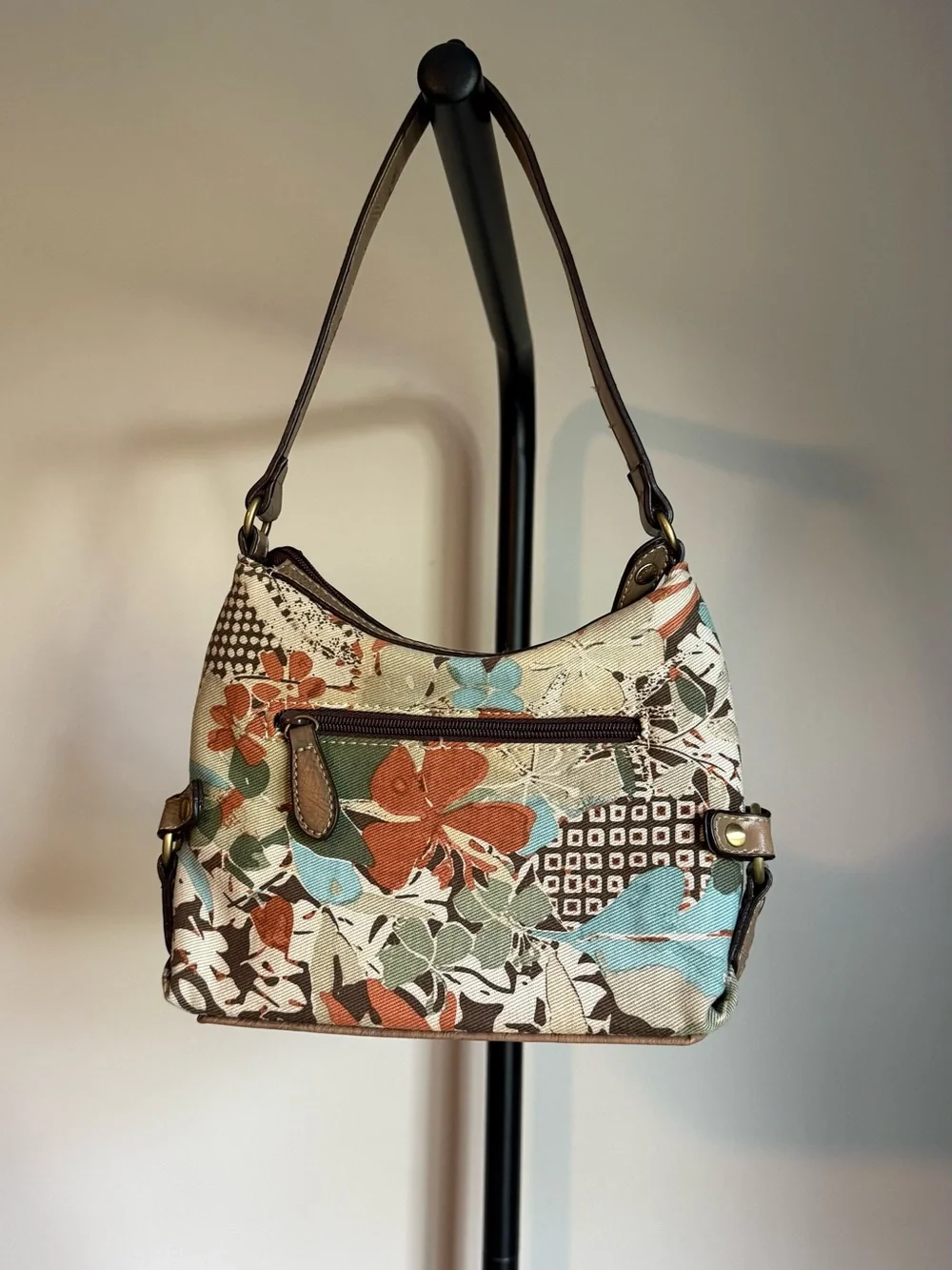 Caribbean Joe Floral Canvas Shoulder Bag in Teal, Green & Brown